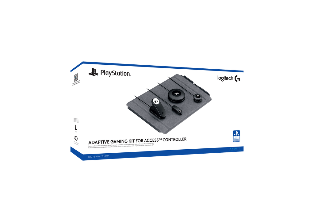 Immagine della confezione del kit gaming adattivo Logitech Adaptive per controller Access. Il davanti mostra quattro parti diverse del kit in evidenza.